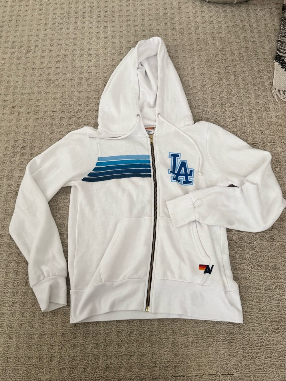 Aviator Nation White Dodgers Zip Hoodie with Blue stripes - Picture 4 of 8